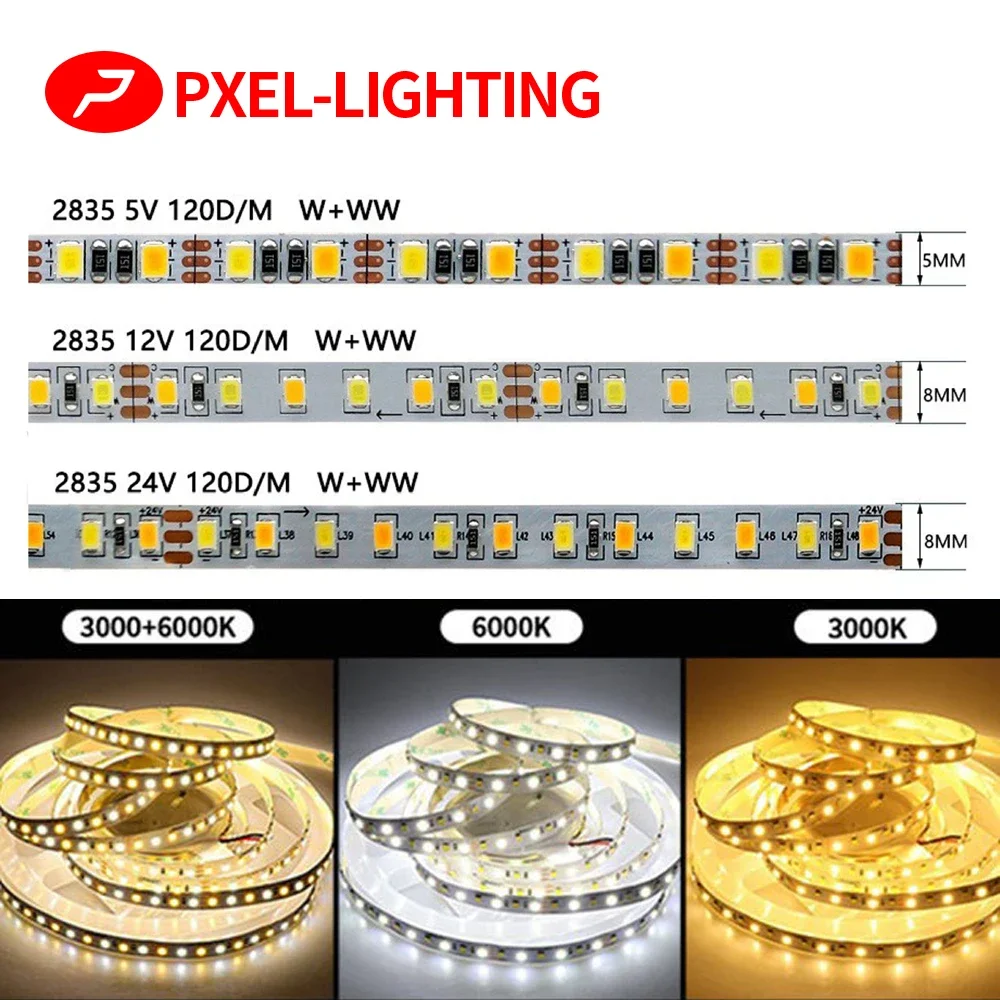 

SMD2835 CCT W+WW LED Strips 120LED 180LED 240LED Cabinet Decoration Linear Light Color Temperature Dimmable Light Strips