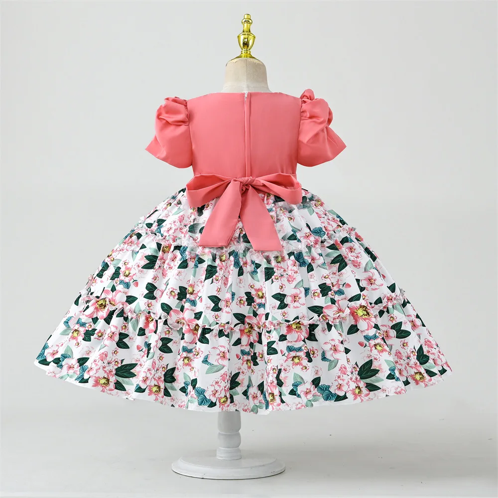 Girls Summer New Fragmented Patchwork Sticker Bubble Sleeves Fluffy Dress Children's Day School Party Dress with Bag