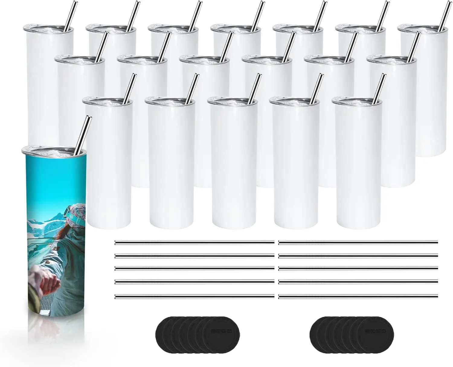 25 Pack Sublimation Tumblers Blank 20 OZ Straight Skinny Tumbler with Metal Straw Stainless Steel Double Wall Insulated Tumbler