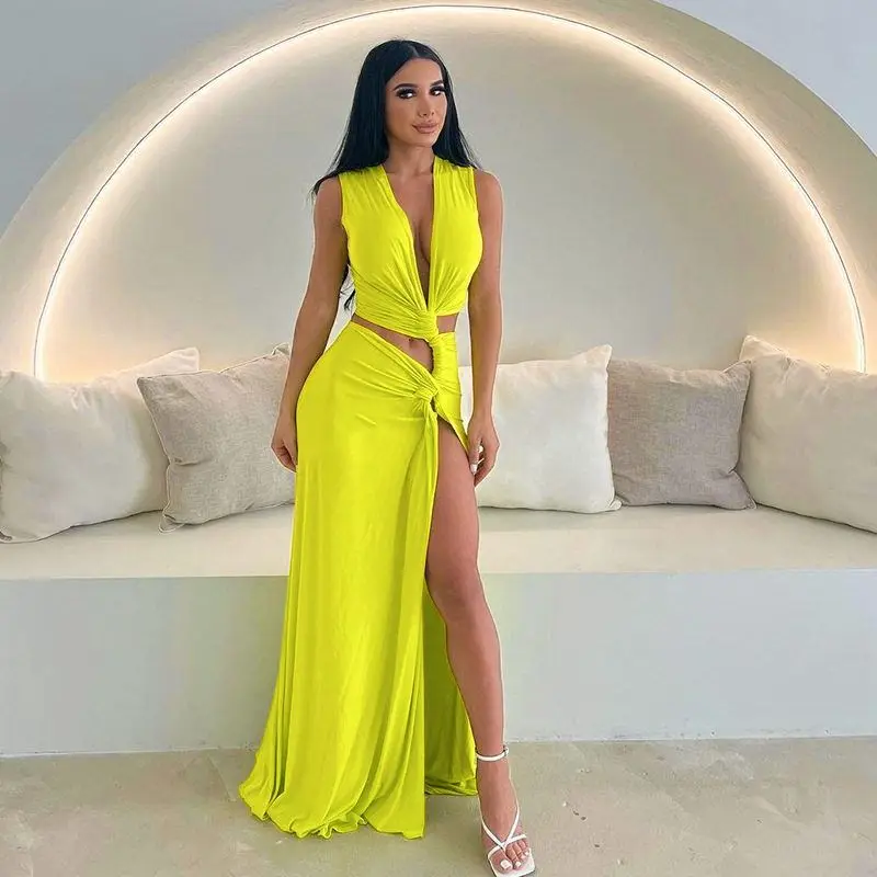 

D24DS7 Sexy Pure Color Long Hollow out Slim Fit Dr High Waist Split Bal Gown for Women Summer New Arrival Cross-Border