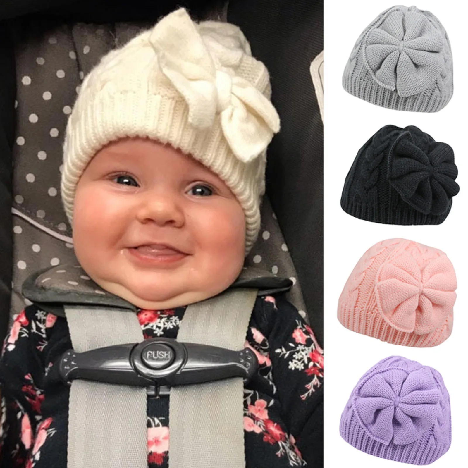 

Baby Beach Hats Baby Warm Girls Hat Bow Woolen Cotton Cute Knitted Baby Winter Hat Kids Hat Double Pom Hats for Kids
