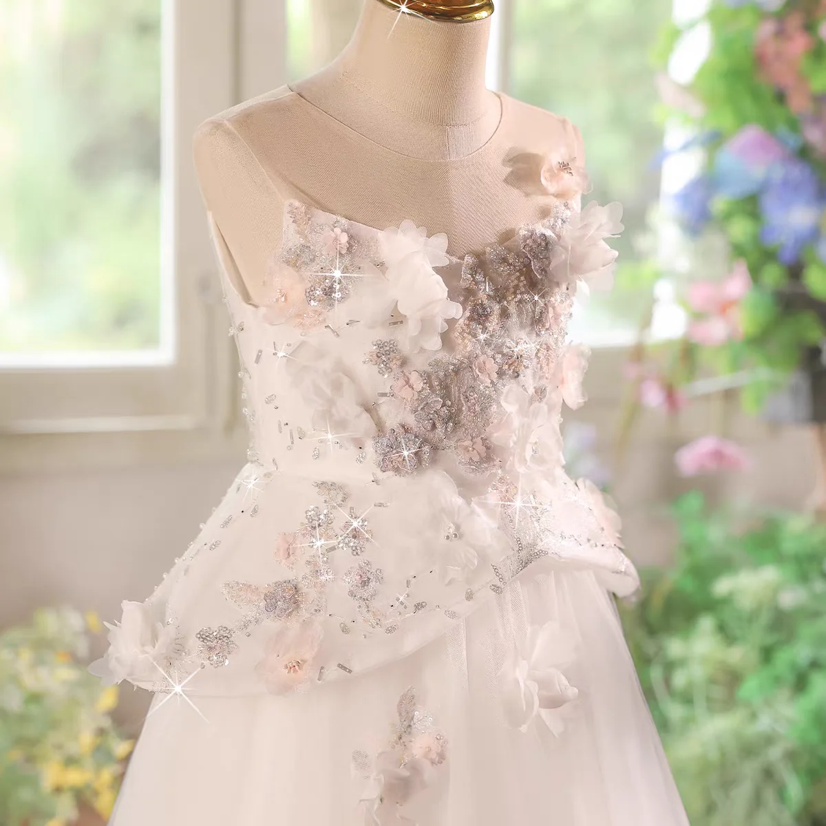 Dreamy voto d192 branco miçangas lantejoulas flores vestido de princesa para meninas lindo casamento festa de aniversário concurso vestido de férias