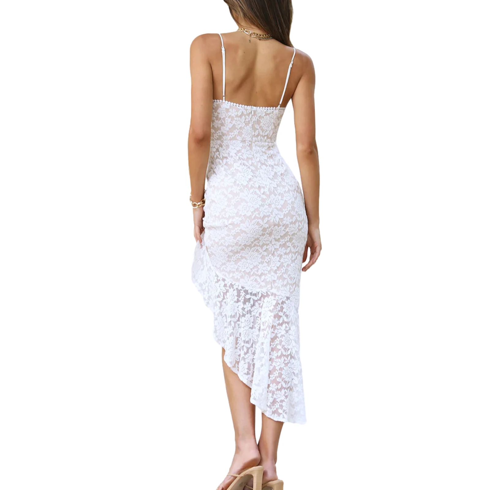 2025 Vestido ajustado por debajo de la rodilla asimétrico para mujer, vestido camisola sin mangas con cuello en V de encaje, vestido de fiesta sin espalda con dobladillo Irregular de verano