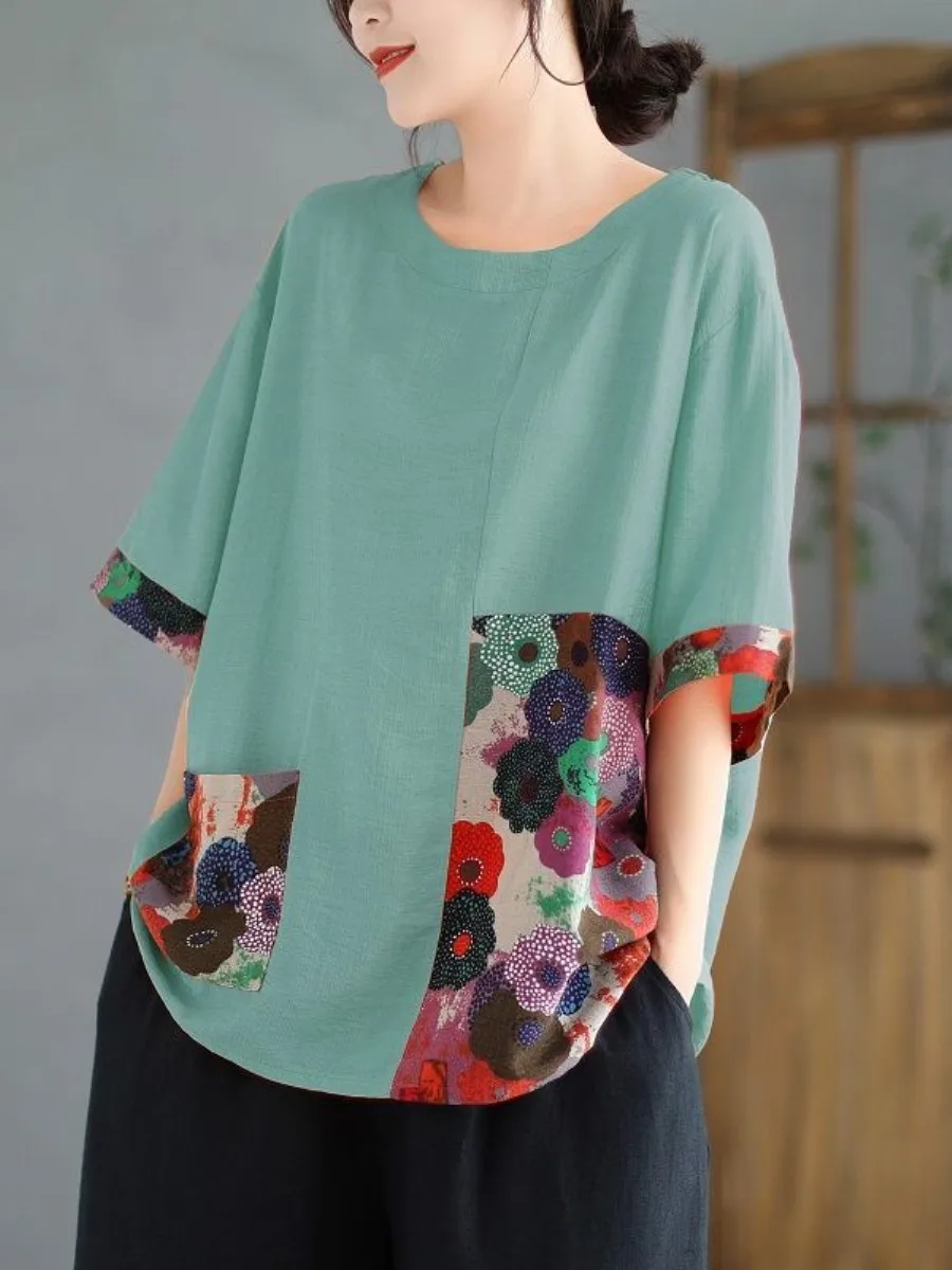 Cotton Linen Short Sleeve T-Shirt plus Size Women's Summer Vintage Loose Slimming Casual Color Block Print Top
