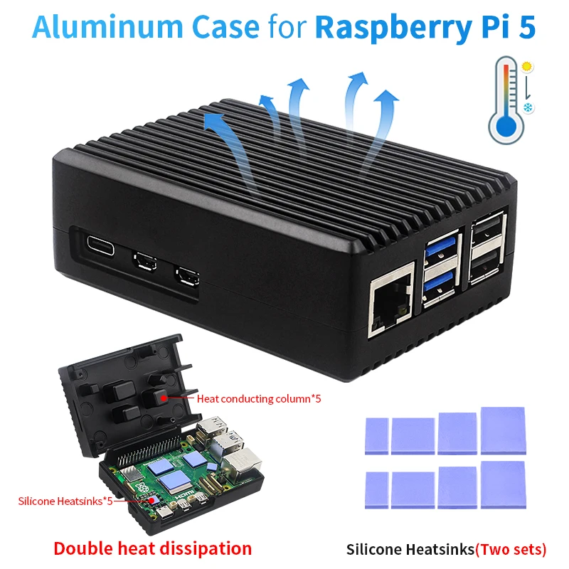 

Raspberry Pi 5 Aluminium Alloy Case Metal Shell with Silicone Heatsinks Passive Cooling Enclosure for Raspberry Pi 5