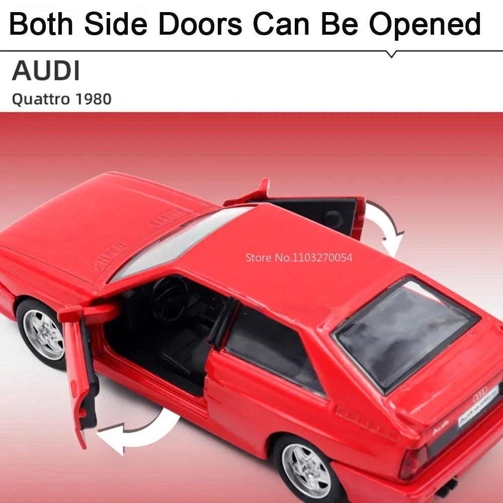 1:36 Audi Quattro 1980 liga modelo de carro de brinquedo portas fundidas abertas puxar para trás pneus de borracha veículo em miniatura para crianças presente de natal