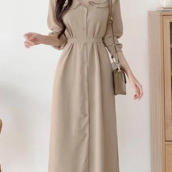 초가을 2024 새로운 빈티지 안개 블루 긴 소매 슬리밍 허리 장착 드레스 부드럽고 우아한 여성 패션 롱 스커트 