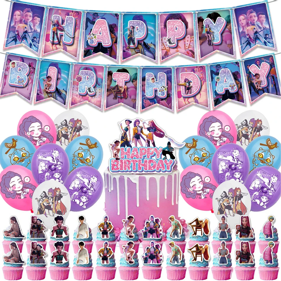 Nuevo Kpop Demon Hunters decoración para fiesta de cumpleaños conjunto de suministros para tarta suministros de bandera decoración personalizada para fiesta de cumpleaños Anime