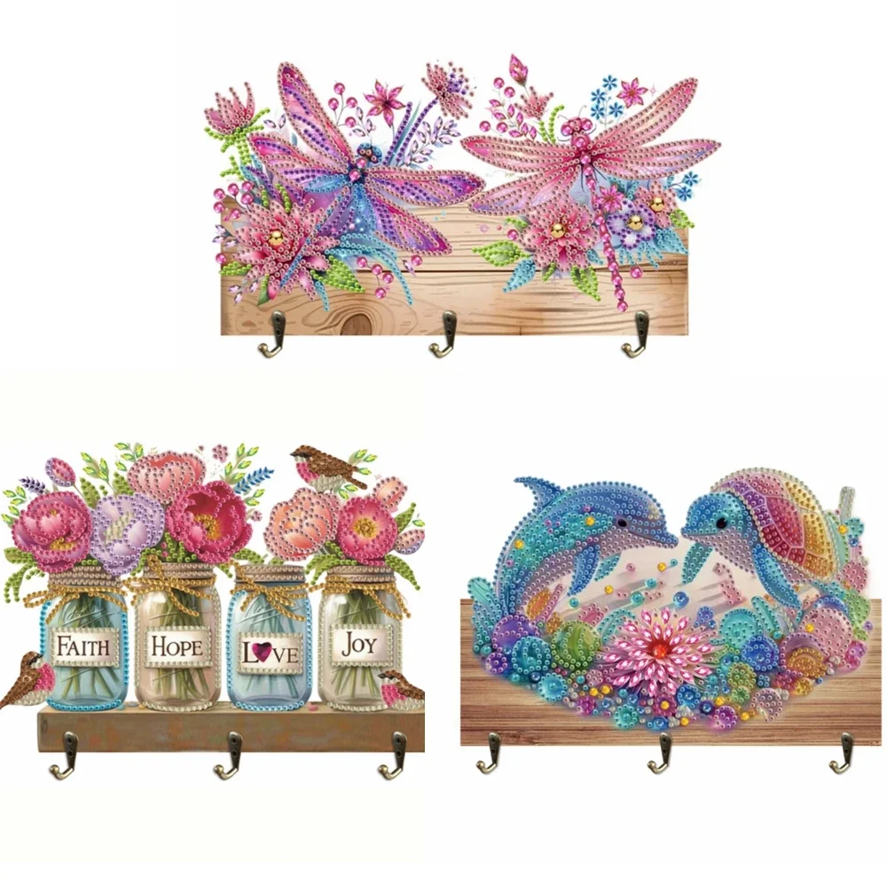 1 sztuka / zestaw wieszaków ściennych DIY Diamond Painting z haczykami Drewniany wieszak ścienny z 3 metalowymi haczykami Diamentowe haczyki na klucze