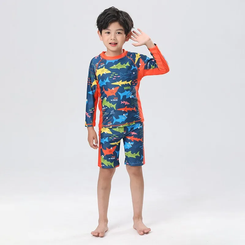 3pcs New Small and Medium Boys' Sunscreen Quick Dried Split Swimwear Set with Shark Cartoon Pattern Long Sleeves and Shorts Hat