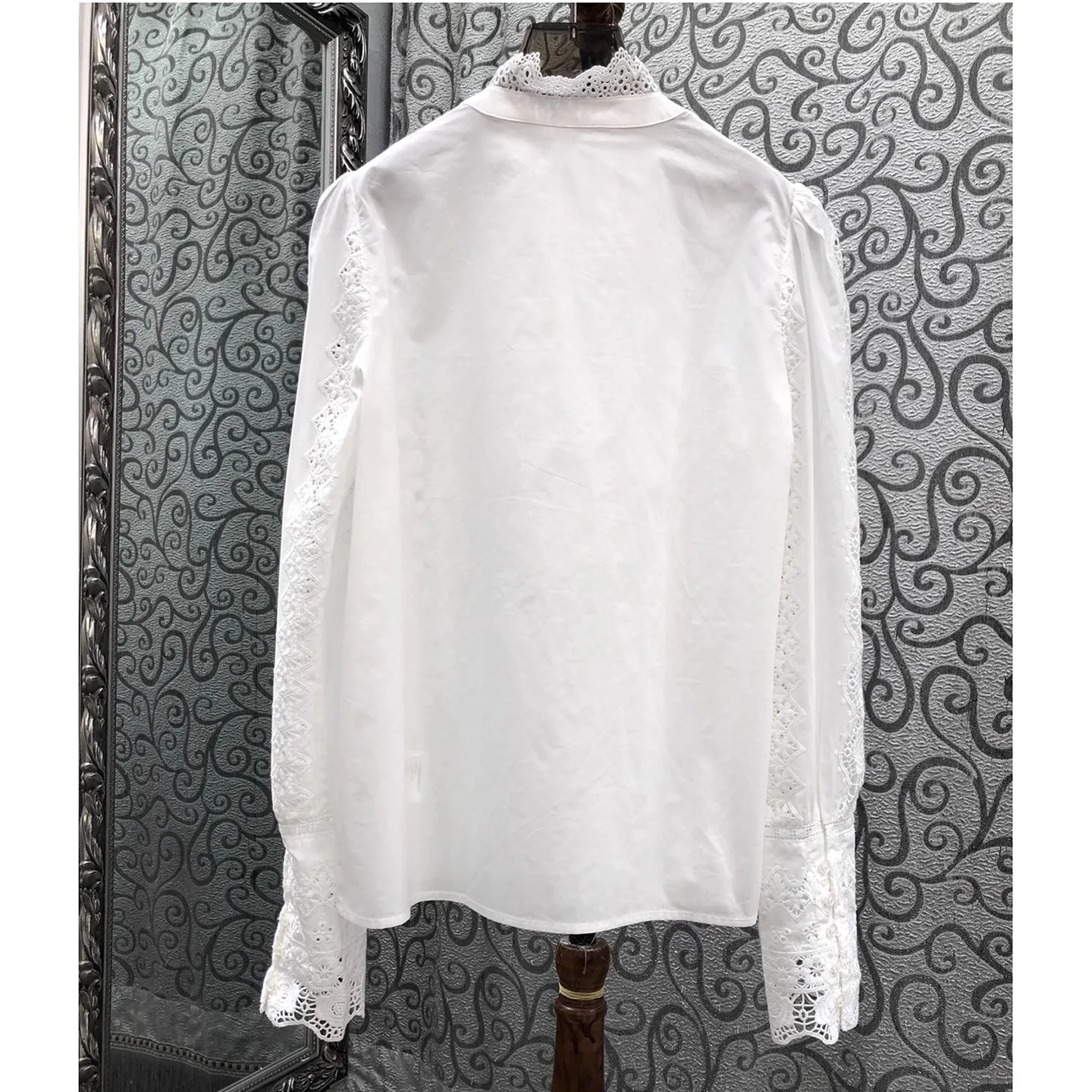 100%Cotton Blouse Shirts 2026 Spring Style Women Allover Crochet Lace Embroidery Long Sleeve Vintage White Button Shirts