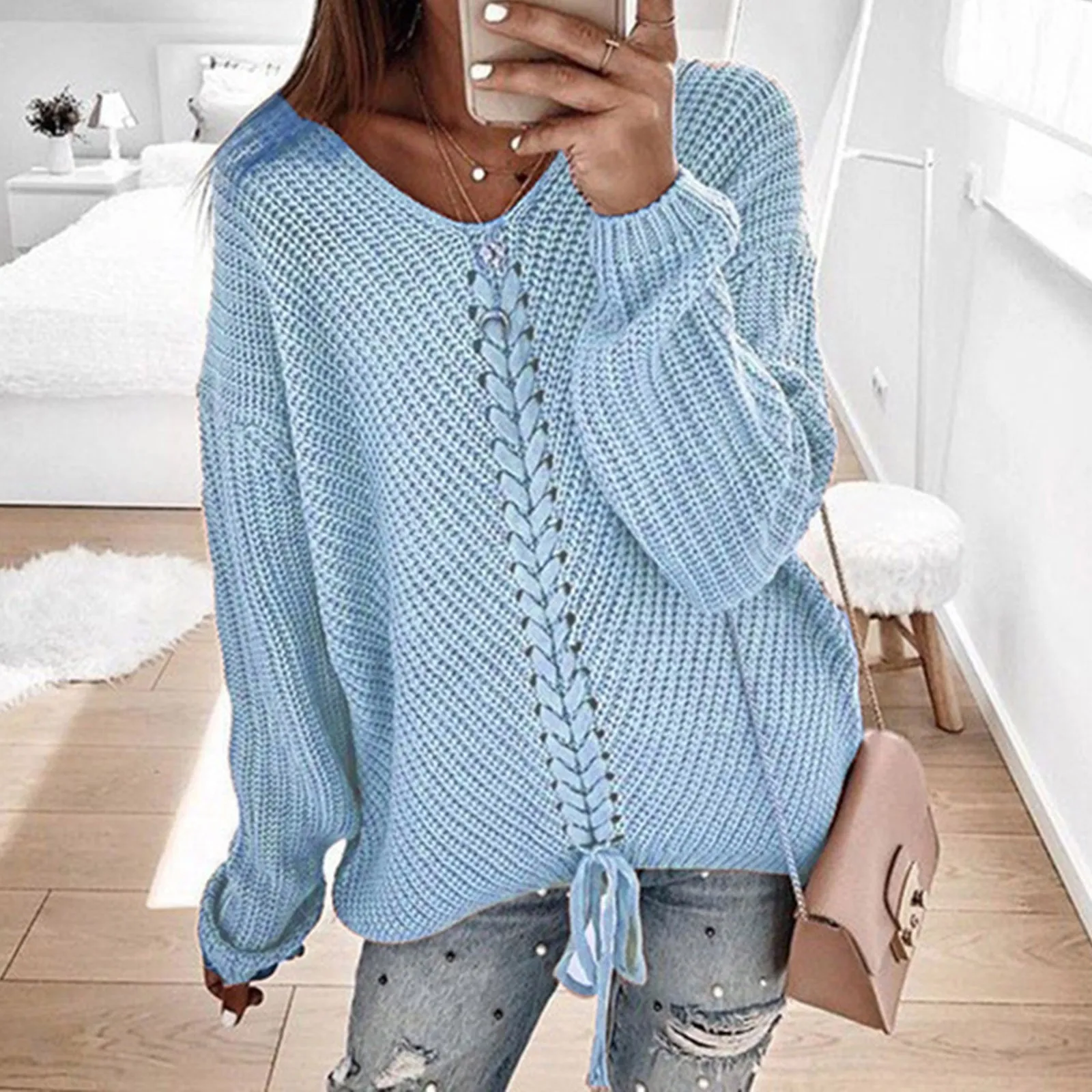 Elegant Warm Jumpers Sweaters Pullovers Tops Sweaters Autumn Winter Women Oversize Lace Up V-Neck Knit Loose Tops Pullover