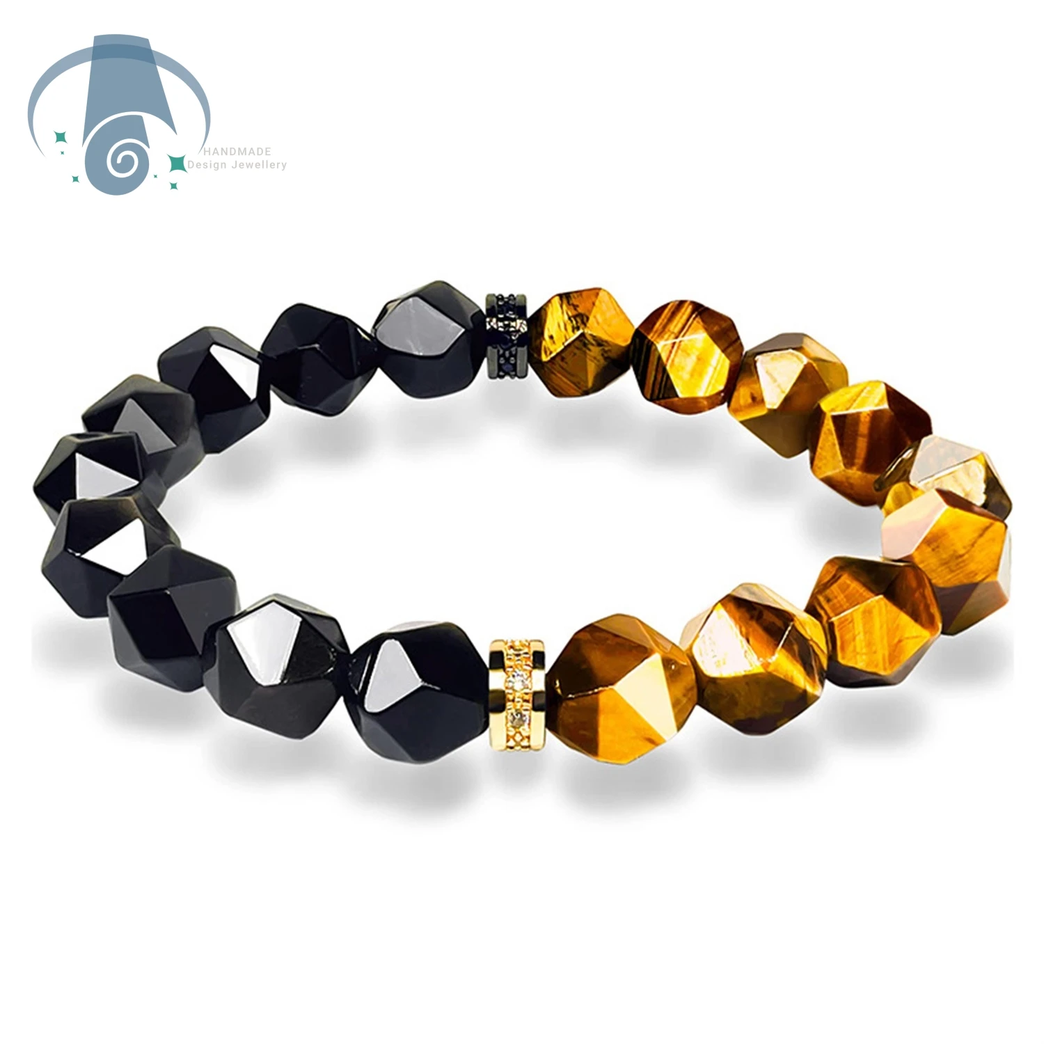 Mens Tiger Eye Bracelet Copper Micro Inlay Zircon Black Obsidian Beads Natural Gemstone Jewelry Gift for Him Adjustable String