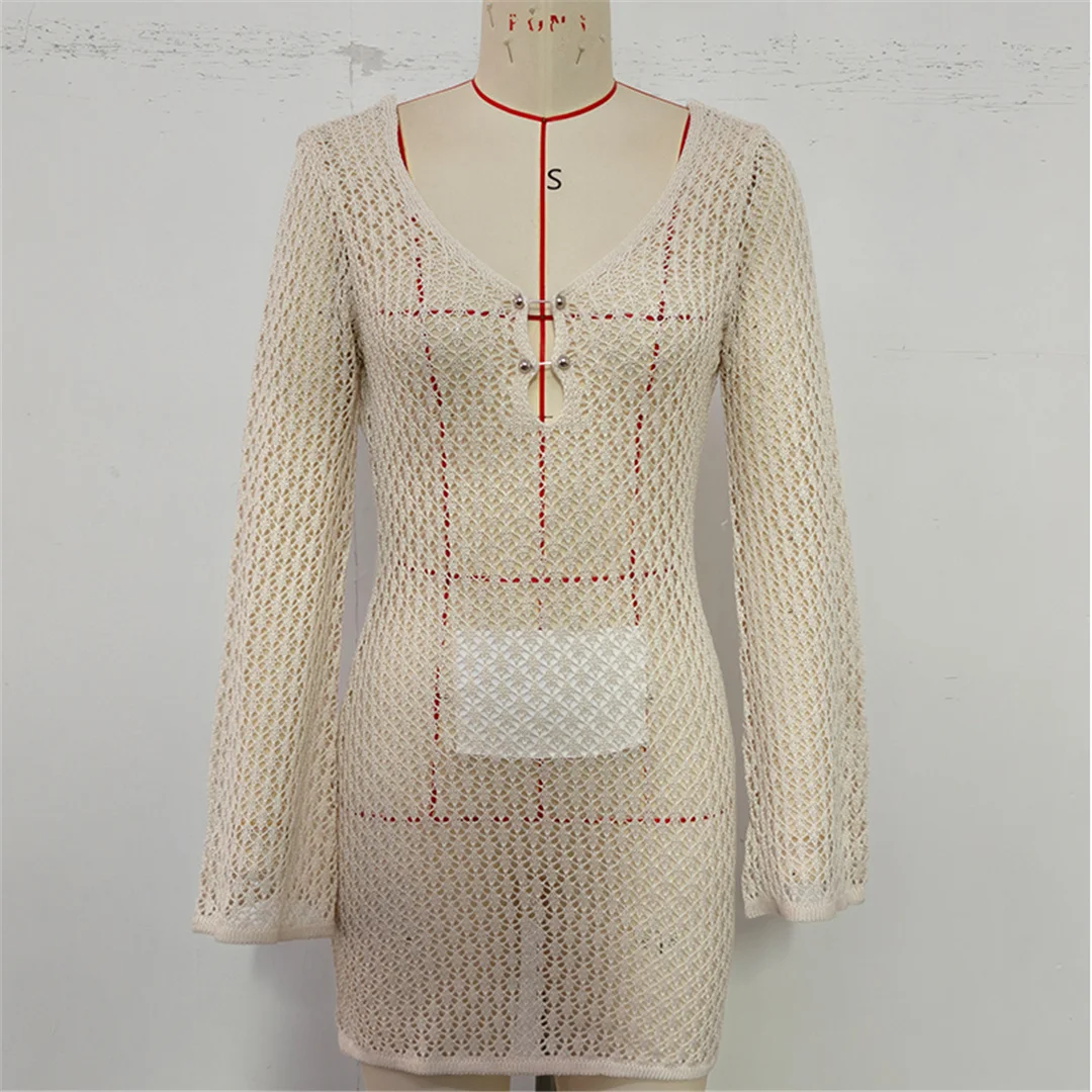 V-Ausschnitt, lange Ärmel, mit Ausschnitten versehene, gehäkelte Tunika, Strandkleid, Strandmode, Damen V7643 – Detail 23