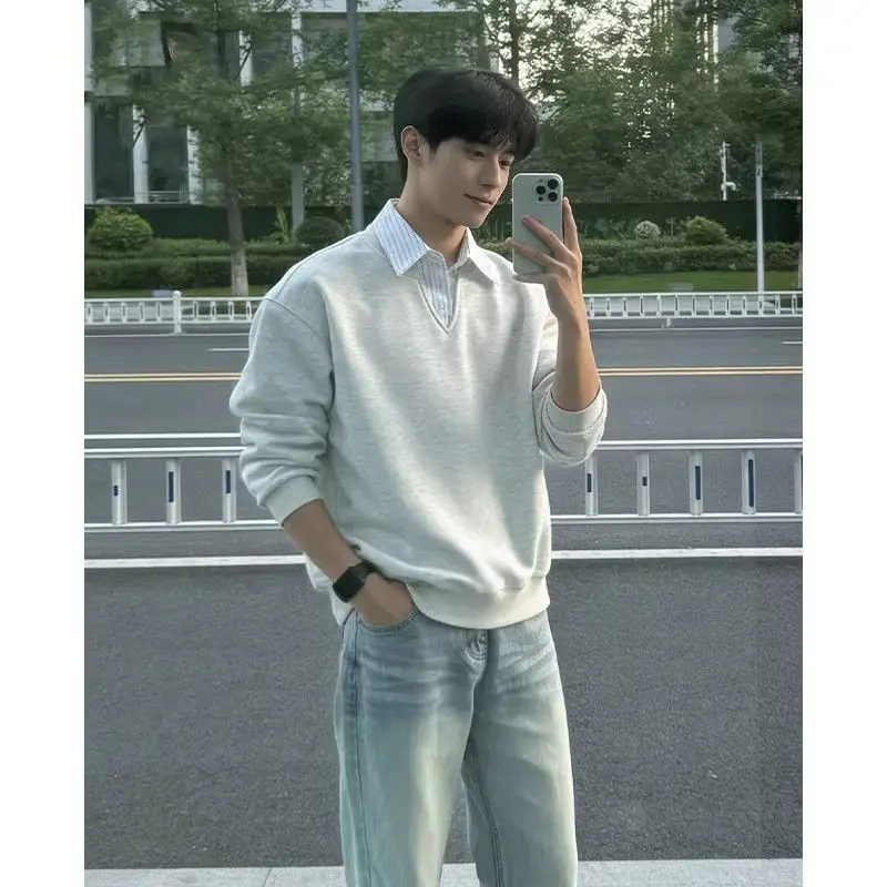 Korean Style Fake Two-Piece Long Sleeve  Shirt Hoodless Sweatshirt for Boys Spring Fashionable Casual Wear Polyester Fabric