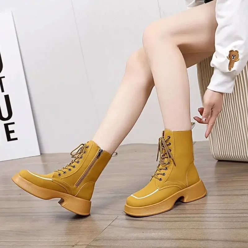 Botines cálidos con cordones botines con forro polar para mujer estilo Punk cuero en oferta moda 2025 calzado mujer zapatos cortos