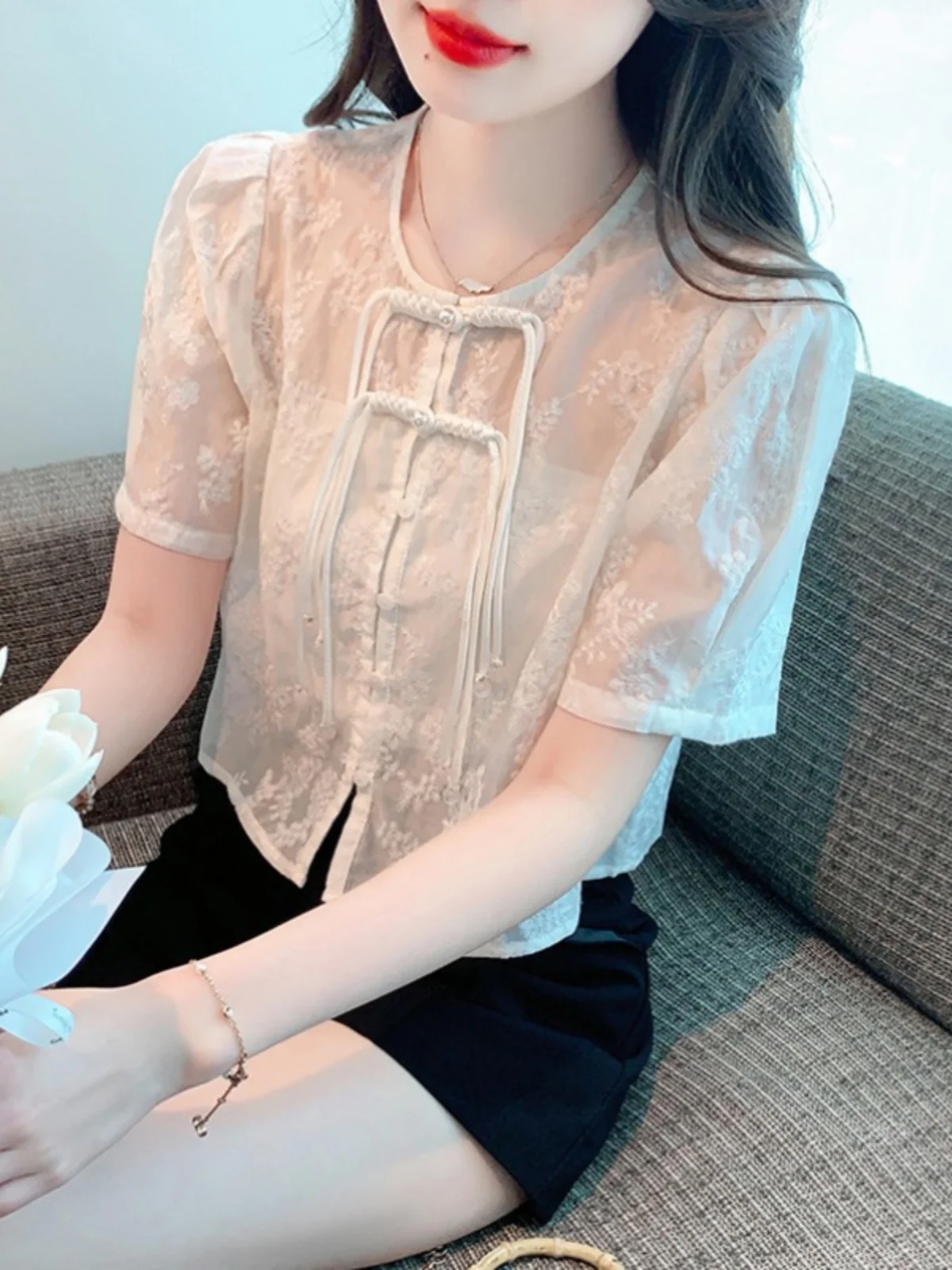 

Ele ort Bubble Sve irt Women's New Chinese Sle Summer New High-End Sensation Thin Top Small Speciali irt