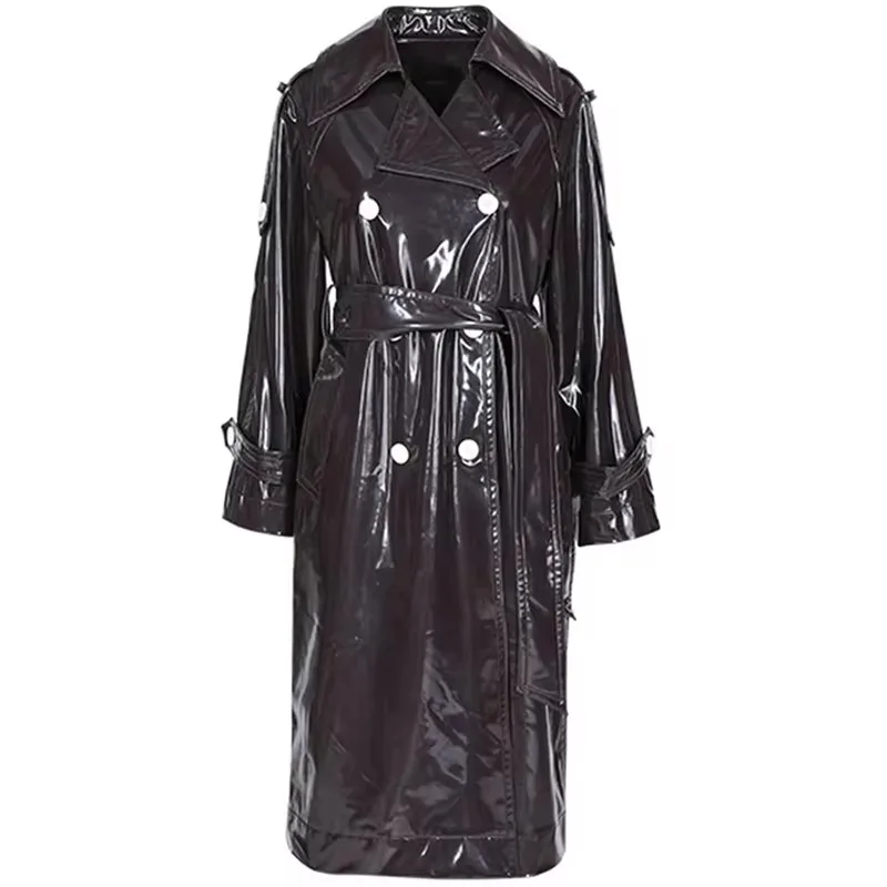 Mauroicardi Spring Black Long Soft Thin Waterproof Flowy Shiny Reflective PVC Faux Leather Trench Coat for Women Y2K Streetwear