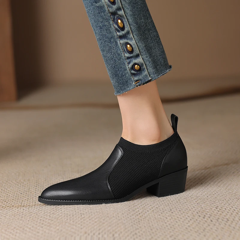 2024 Autumn New Women's High Heels Knitted Shallow Mouth Single Shoes Female Comfortable Thick Heel Women's Shoes Zapatos Mujer