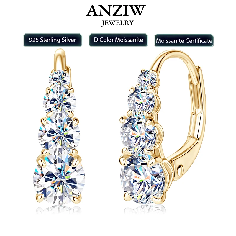 

Anziw Luxury 1.86CTW 5mm Moissanite Drop Hoop Earrings for Women Real 925 Silver 4-stone Clip Earring Wedding Party Jewelry Gift