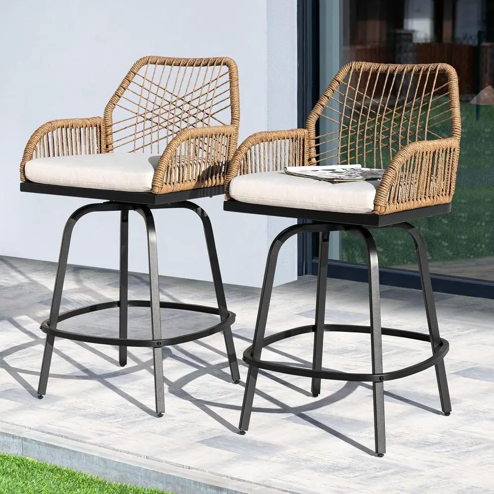 

All-Weather Rattan Swivel Bar Stools Set of 2 with Cushions, Ideal for Patio, Garden, and Poolside in Beige
