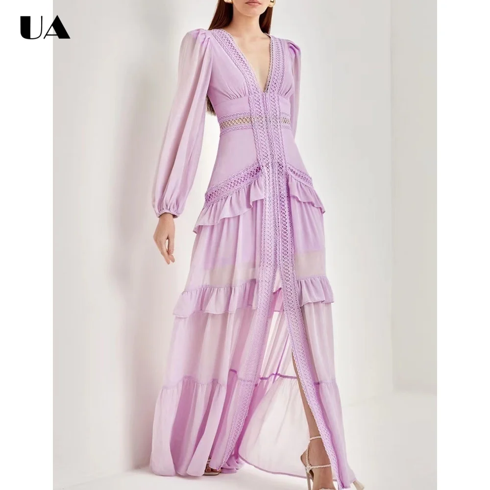 

Trendy Lace V-neck Hollow Out Dresses for Women, Elegant Solid Long Dress with Long Sleeve, Fashionable Ruffled Slit Party Dress