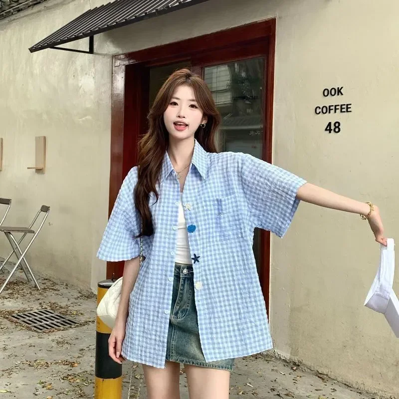 

Women Blue Gingham Plaid Short Sleeve Loose Shirt Korean Style Casual Turn Down Collar Button Up Blouse Summer Lightweight