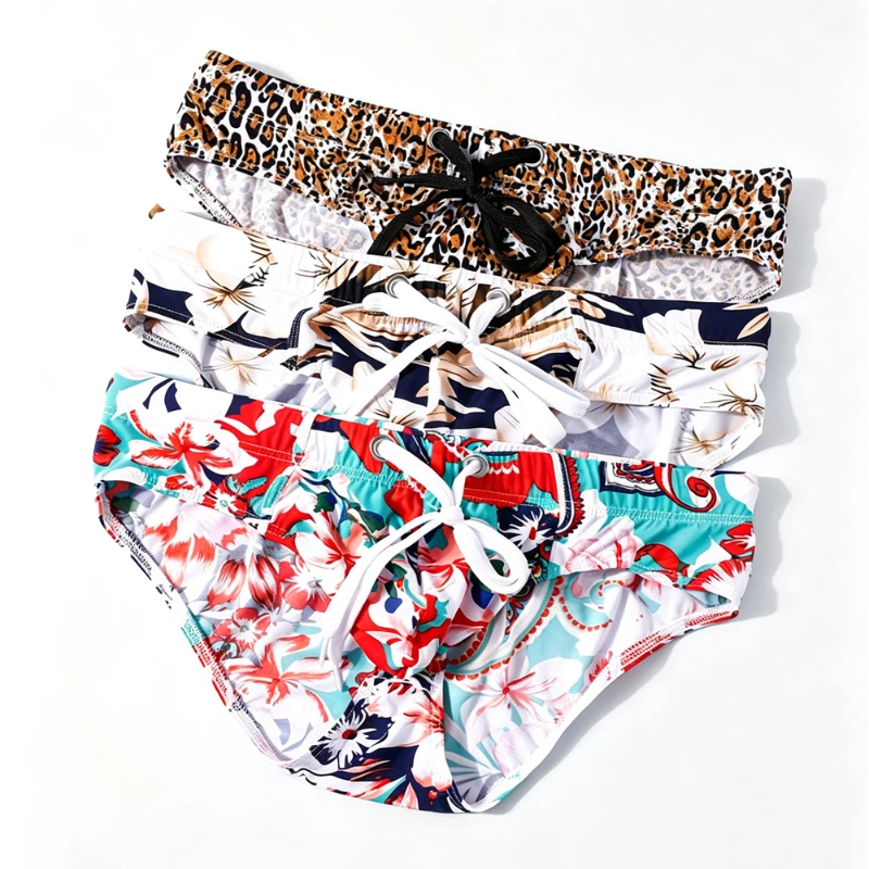 Male Triangle Swim Shorts Leopard Print Ice Silk Quick Dry Drawstring Adjustable Low Waist Beach Swimming Bathing Trunks