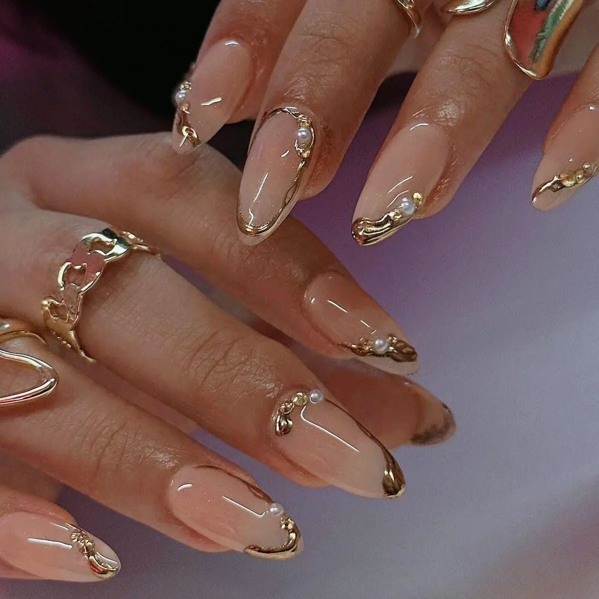 

Almond Press on Nails French Tip with Gold Line Design - 24 Pcs Fake Nails for Women