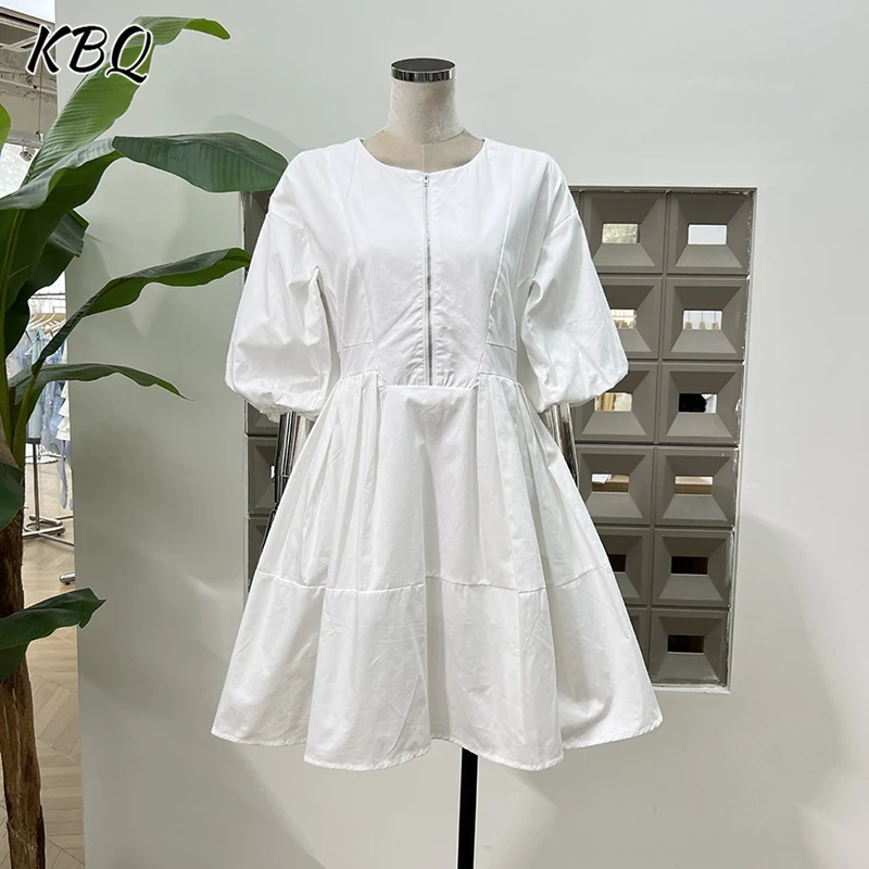 

KBQ Loose Spliced Zipper Solid Casual Dresses For Women Round Neck Half Sleeve High Waist Folds Designer Dress Female Fashion