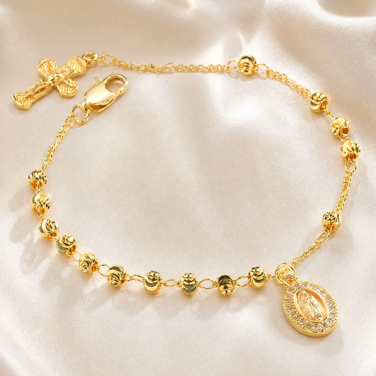 Gold Plated Rosary Bracelet Virgin Mary Guadalupe CZ Crucifix Cross Charm for Women Catholic Religious Baptism Gift