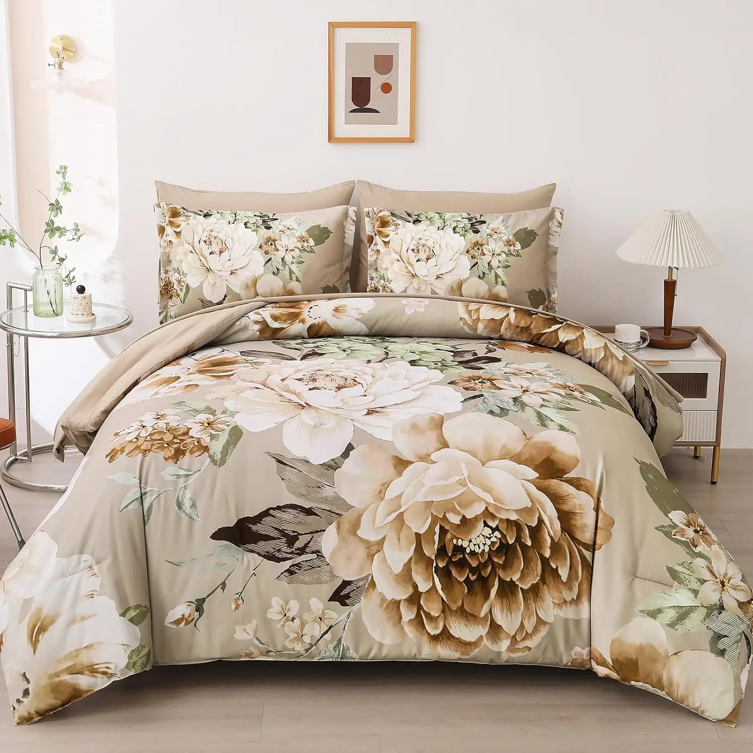 Dintszyayue Khaki Comforter Set King Size 7 Pieces Floral Bed In A Bag Taupe Flower Green Leaves Bed Comforter Set Soft Bedding