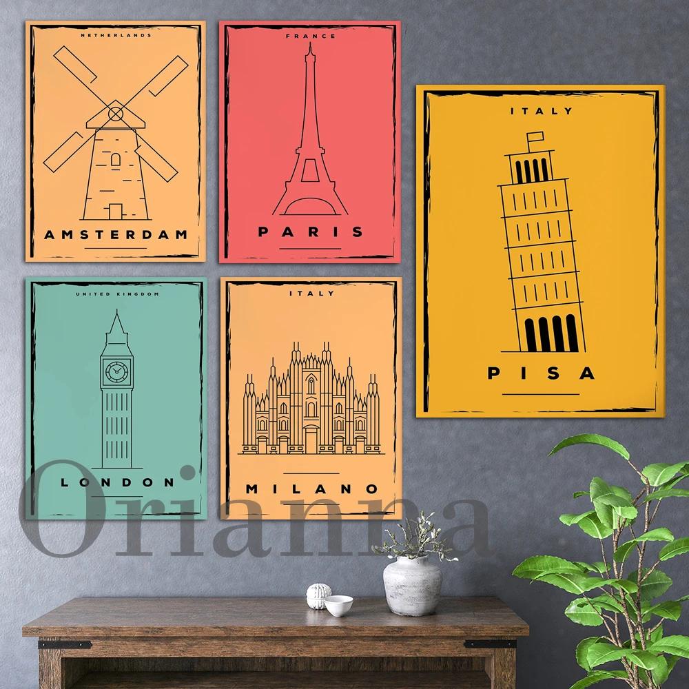 Italy Milano Tower Of Pisa Amsterdam Netherlands Eiffel Tower Paris London Travel  Wall Art Posters Prints Home Decor Painting