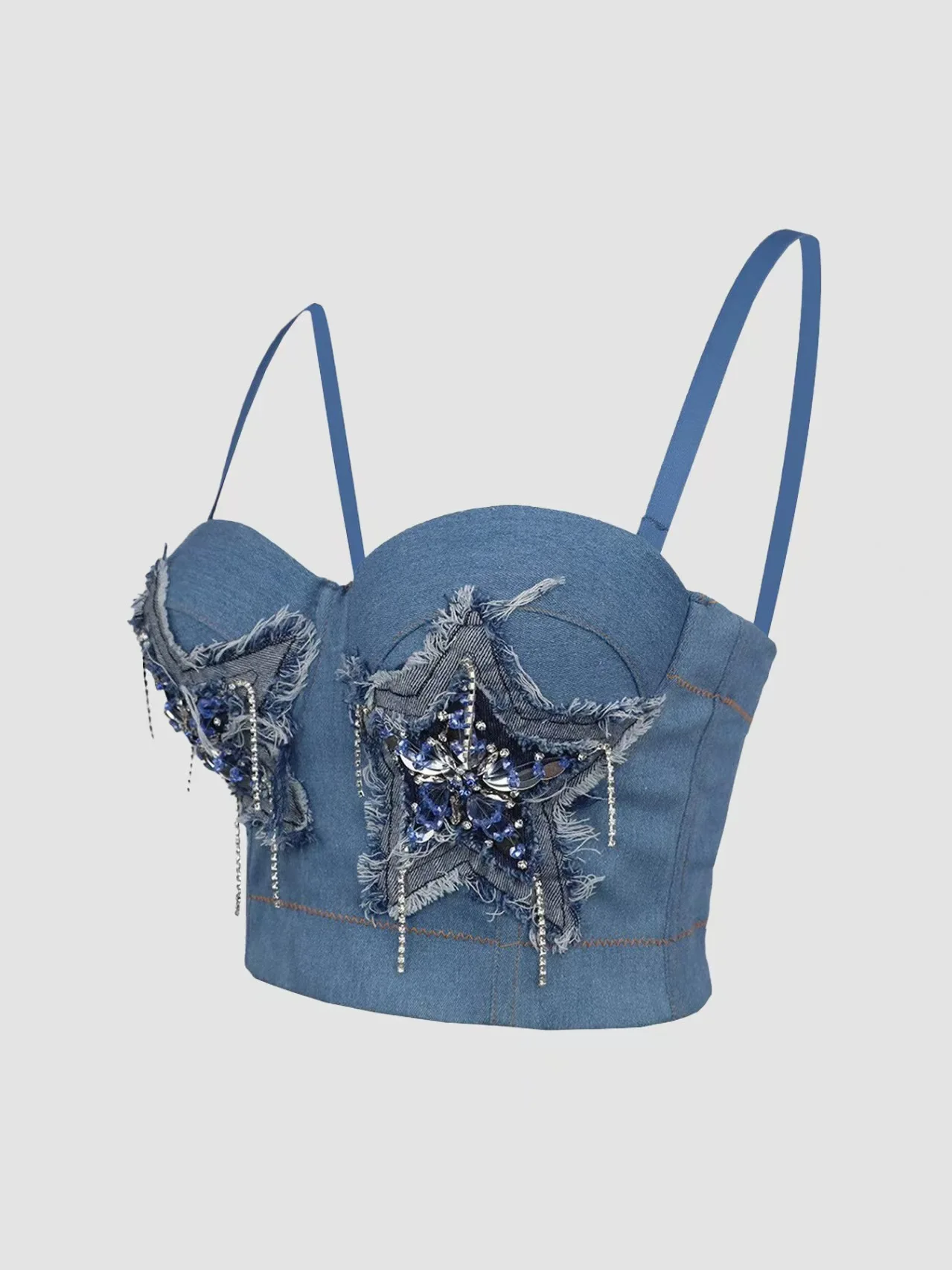 Retro French slim vest female fishbone bra elastic denim handmade nail diamond suspenders high quality beautiful back suspenders