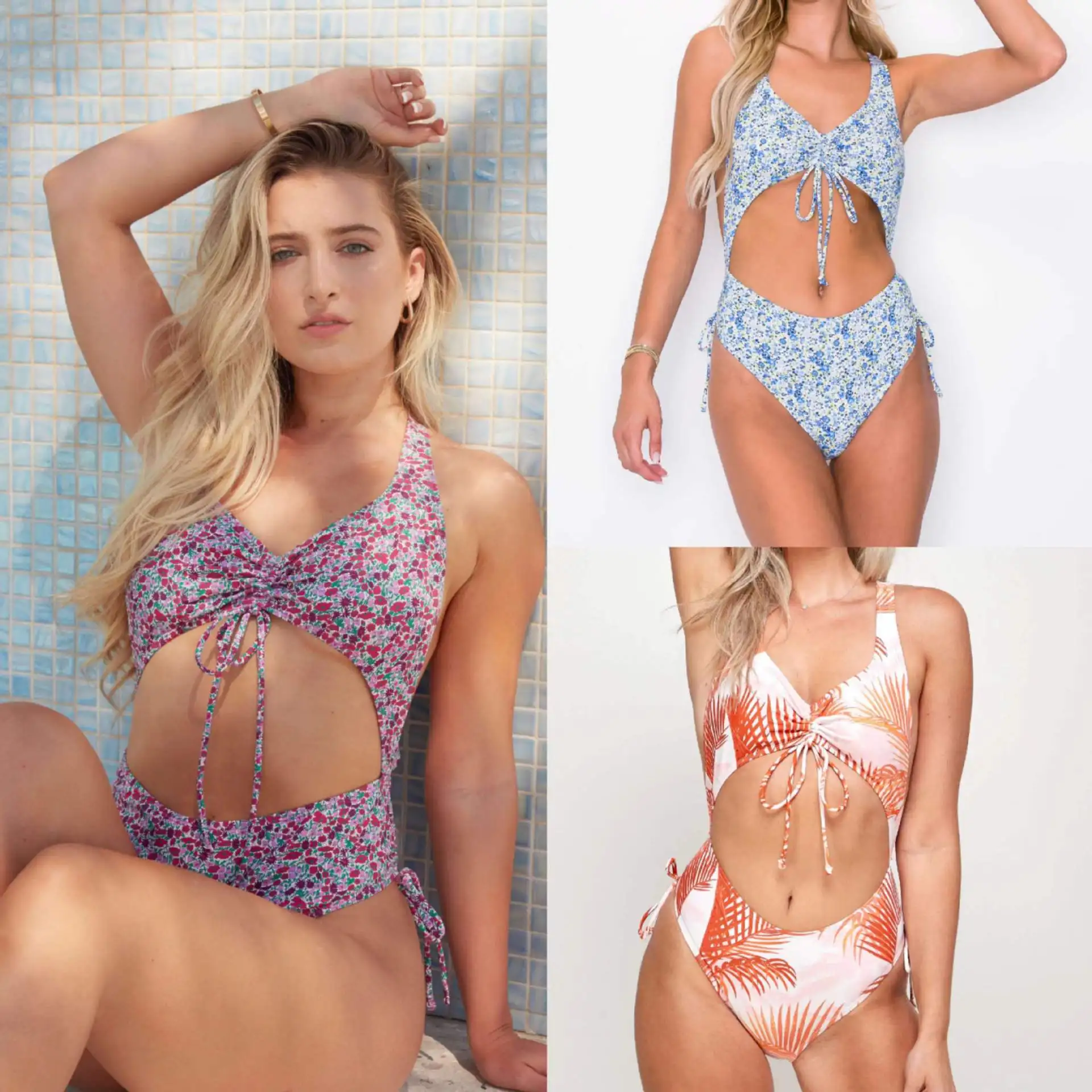 

2025 new floral digital printing sexy shoulder strap strap women's swimsuit bikini