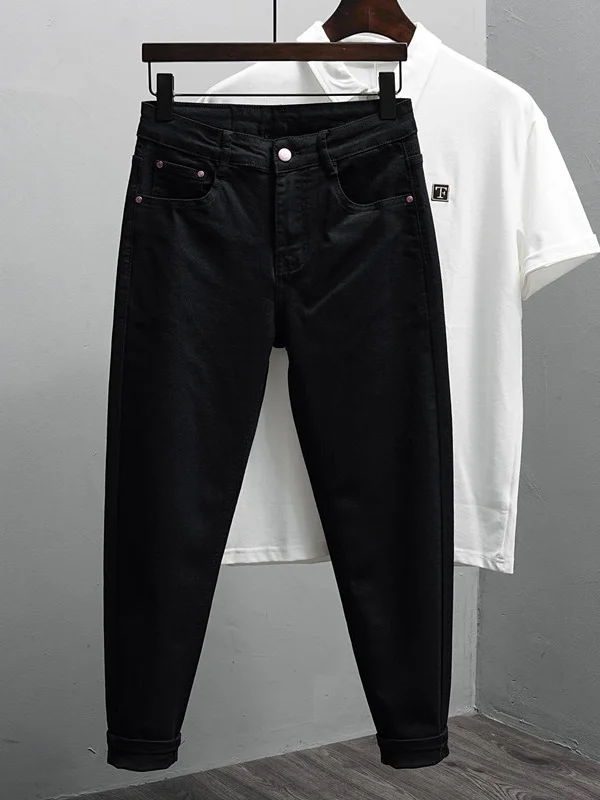 

Мужские джинсы Slim Fit в корейском стиле, модные, эластичные, для весны и осени, повседневные брюки, молодежные, укороченные джинсы из хлопка и полиэстера...