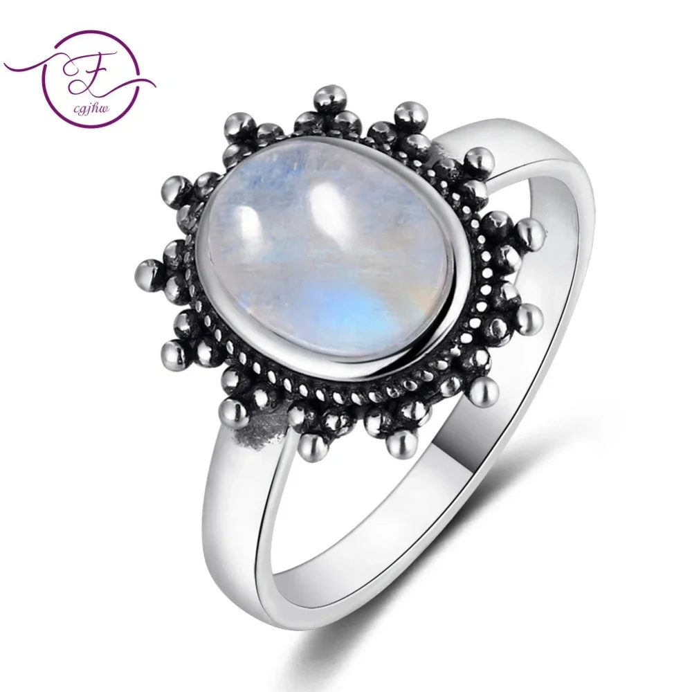 

Natural Moonstone Stone S925 Sterling Silver Ring Retro Sun Shaped Rings for Women Wedding Engagement Luxury Jewelry Gift