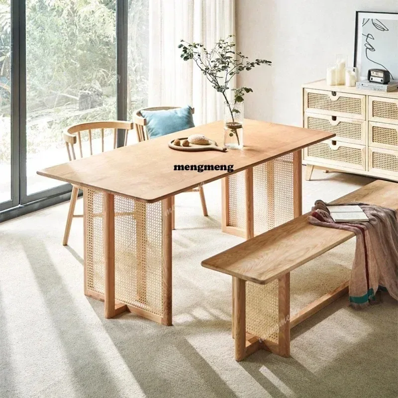 

Japanese Solid Wood Rattan Weaving Dining Table American Retro Living Room Restaurant Dining Table Simple Home Furniture