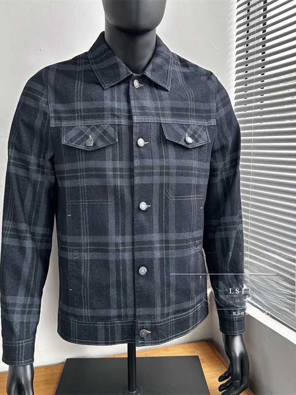 

Classic Plaid Waed Denim Fabric Casual Collar Jaet Men's Spring Faion Outerwear Stand Fit Long Sve Youth Trend