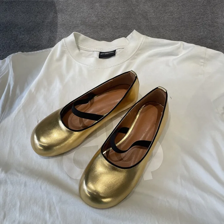 

Gold single shoes for women new round toe small leather shoes flat bottom one-strap Mary Jane shoes designer style 2025