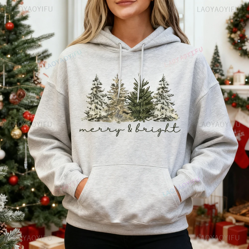 Merry and Bright Christmas Tree Clothing Merry Christmas Hoodies Watercolor Trees Graphic Printed Tops Holiday Women Streetwear