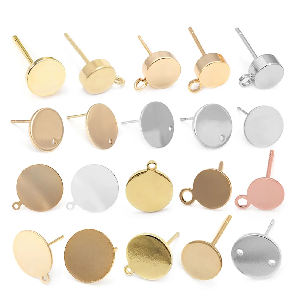 18K Gold Color Brass Smooth or Wave Round Circle Oval Shape Stud Earrings Pins Jewelry Making Supplies Diy Findings Accessories