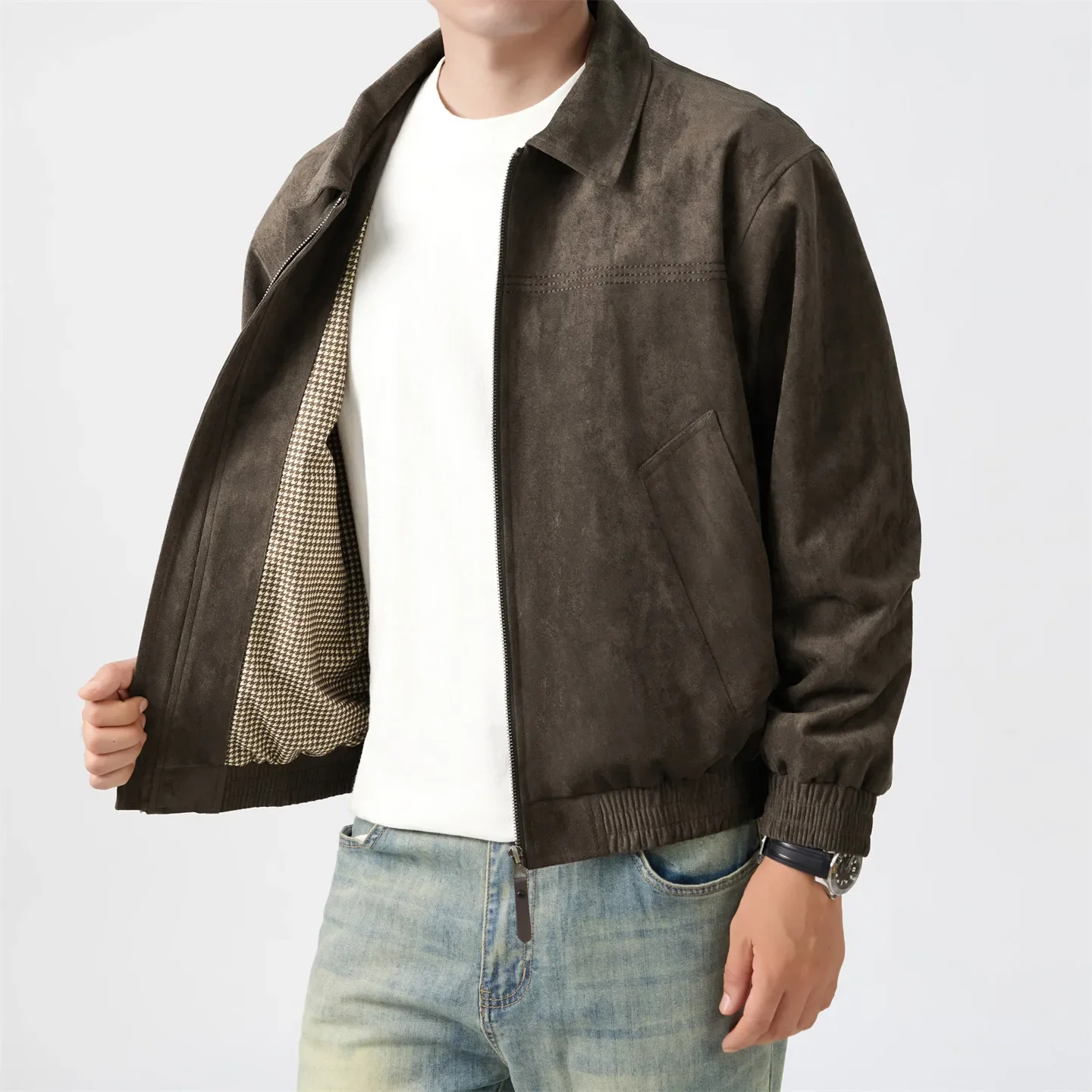 Men Cropped Boxy Minimalist Faux Suede Jacket Lightweight Soft Texture Coach Jacket Vintage Harajuku Streetwear Bomber Outerwear
