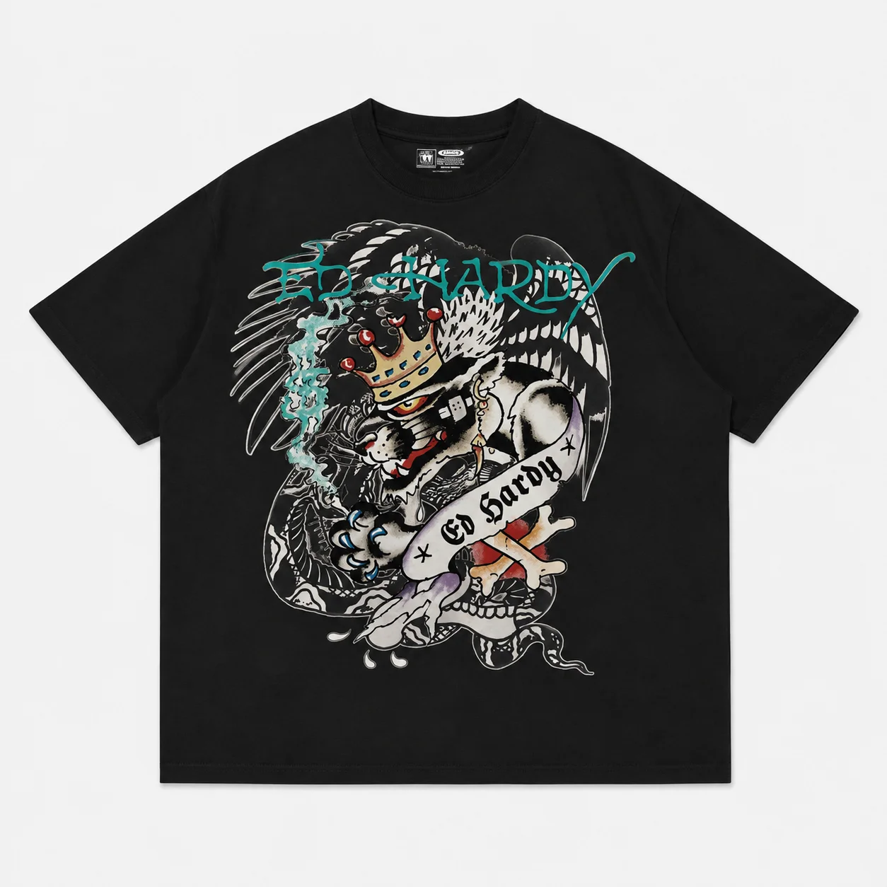 Ed Hardy T-Shirt mit gekröntem geflügeltem Panther, Schlangen- und Kreuzbein-Print, Unisex, locker geschnitten, Oversized, Harajuku Streetwear, Baumwolle – Detail 4