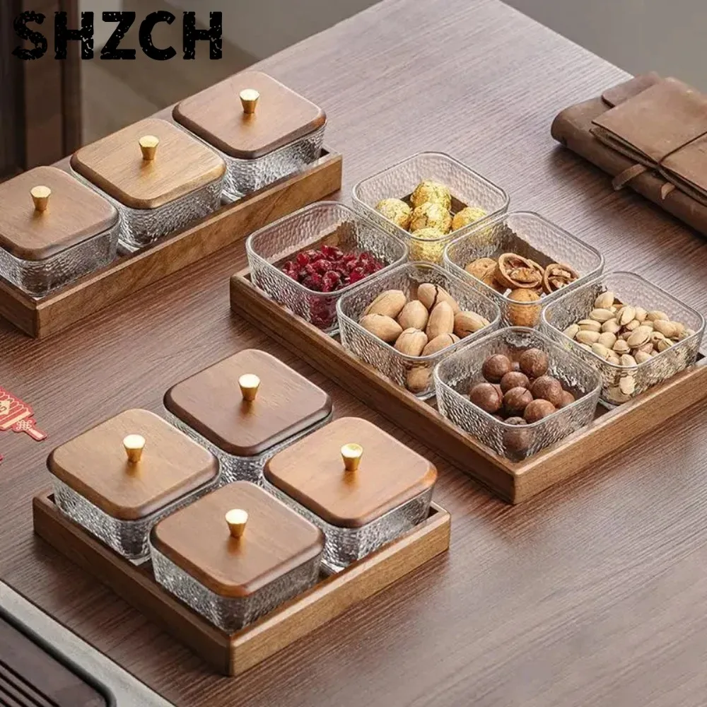 Walnut Fruit Tray, Appetizer Platter, Dry Fruit Inventory Divider for Home, Glass Bowl for Dessert