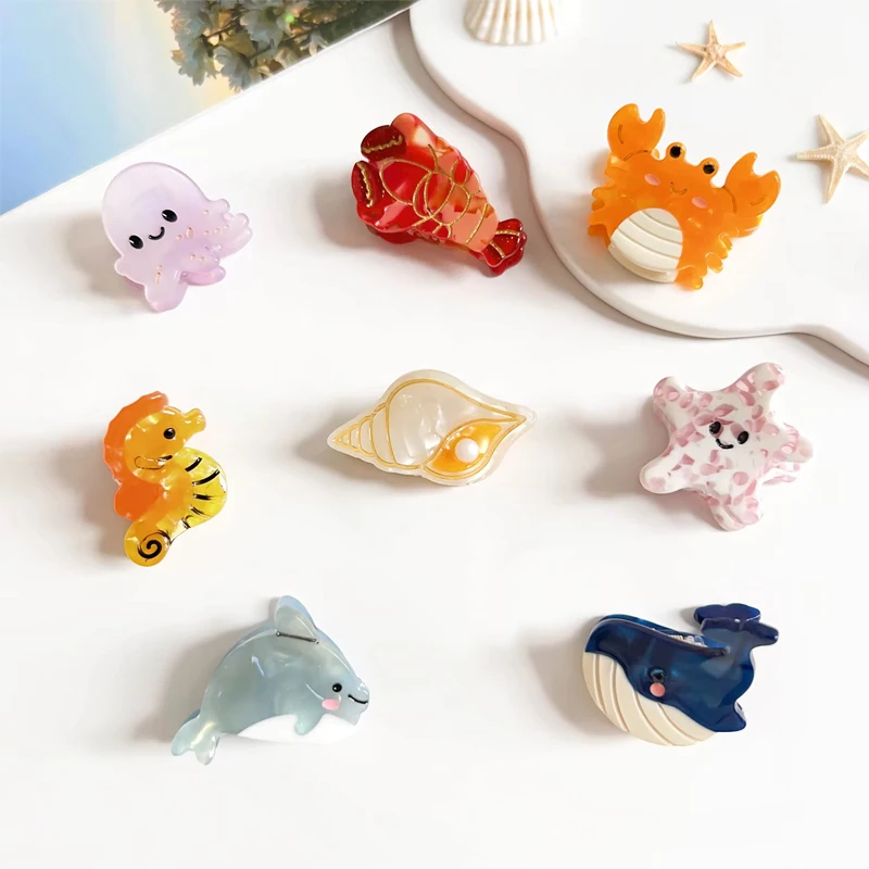 دبابيس شعر على شكل حيوانات صغيرة بحرية كرتونية عبارة عن دبابيس شعر صغيرة ورقيقة من الأسيتات، ومشابك قرش نصف مربوطة على شكل ذيل الحصان #1