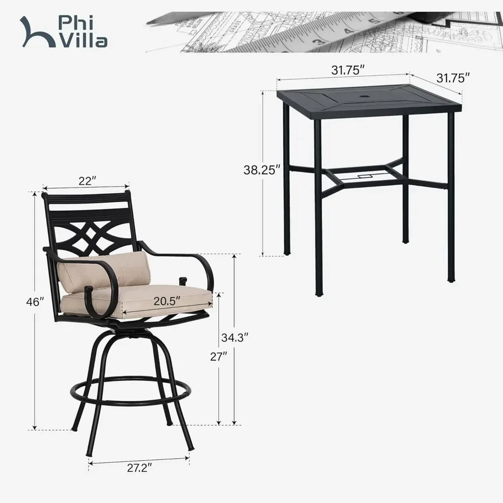 3 Piece Patio Bar ,Outdoor Bar Table and Chairs Set, Strong and Heavy Duty Outdoor Bar Set with Cushion and Pillow