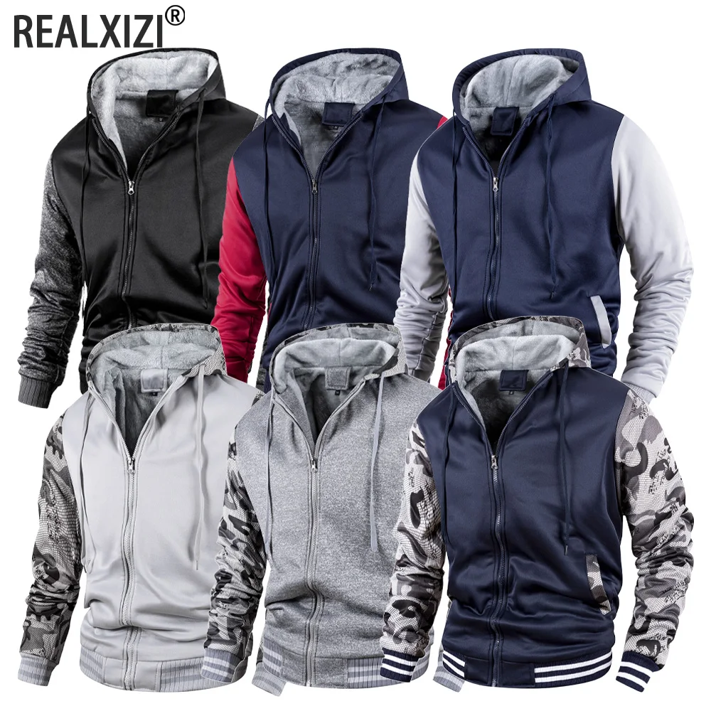 Men Color-Splicing Jacket Winter Warm Fleece Hoodies Outdoor Sports Windproof Baseball Uniform Male Fashion Zipper Thicken Coats