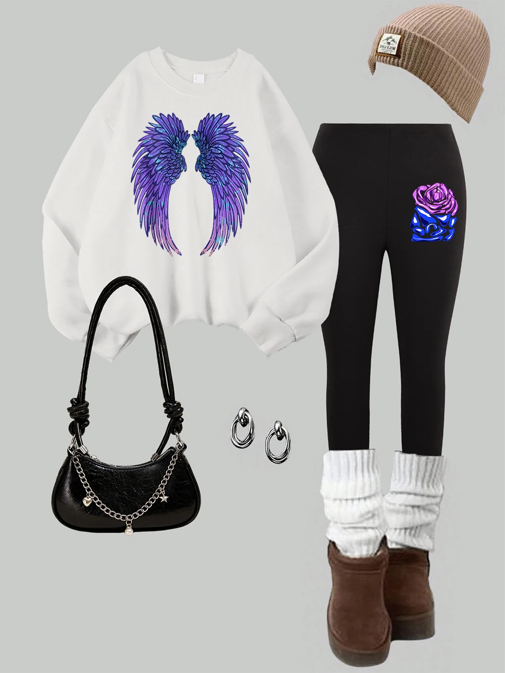

2 Piece Women Cool Purple Creative Wings Rose Prints Sweatshirt Leggings Set Fashion Thermal Warm Hoodie Pants Autumn Clothes