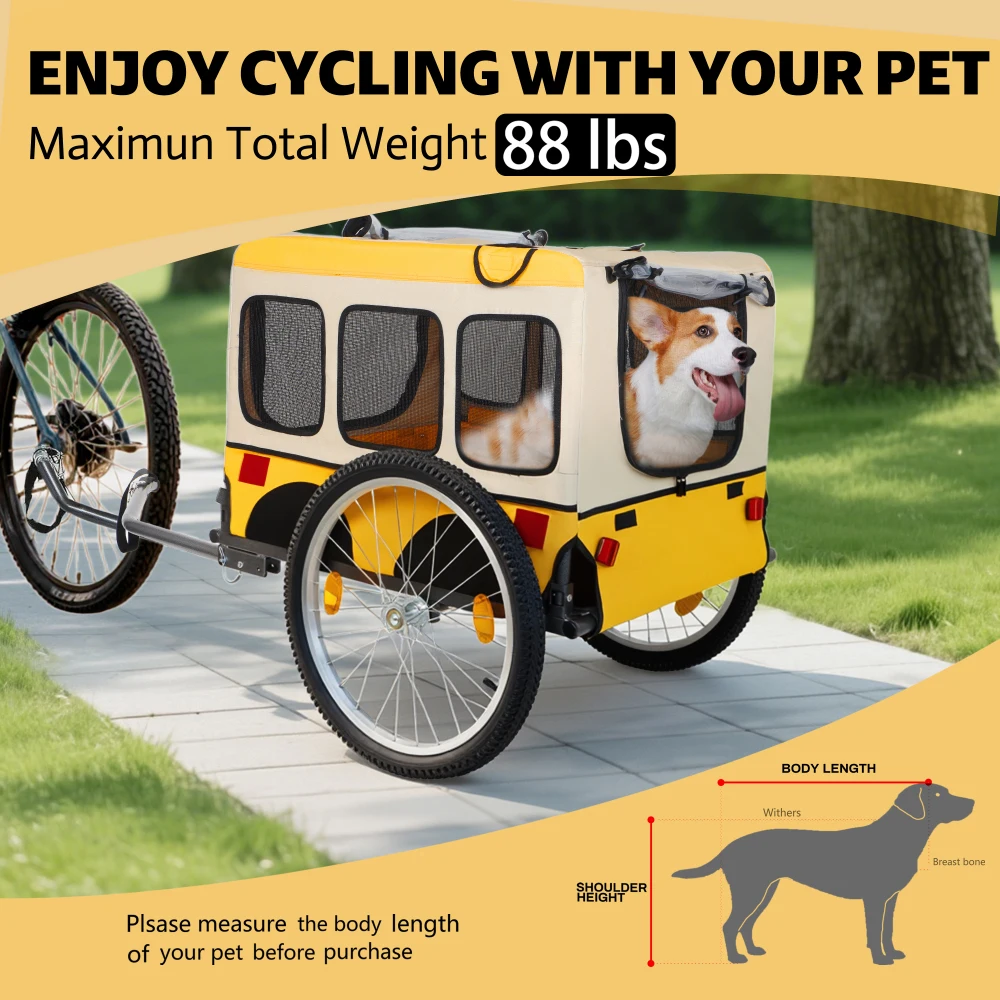 Large Folding Bike Trailer for Dogs - 20×2 1/8 Inches Wheels, Heavy-Duty Steel Frame, Spacious Design, All-Terrain Cycling, Jogging & Camping Adventure, Yellow - view 3